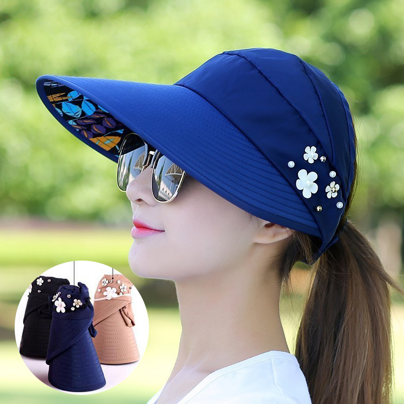 여름 큰 와이드 브림 여성 모자 야구 모자 캐주얼 자외선 보호 플로피 접는 태양 모자 휴대용 비치 여성 바이저 모자